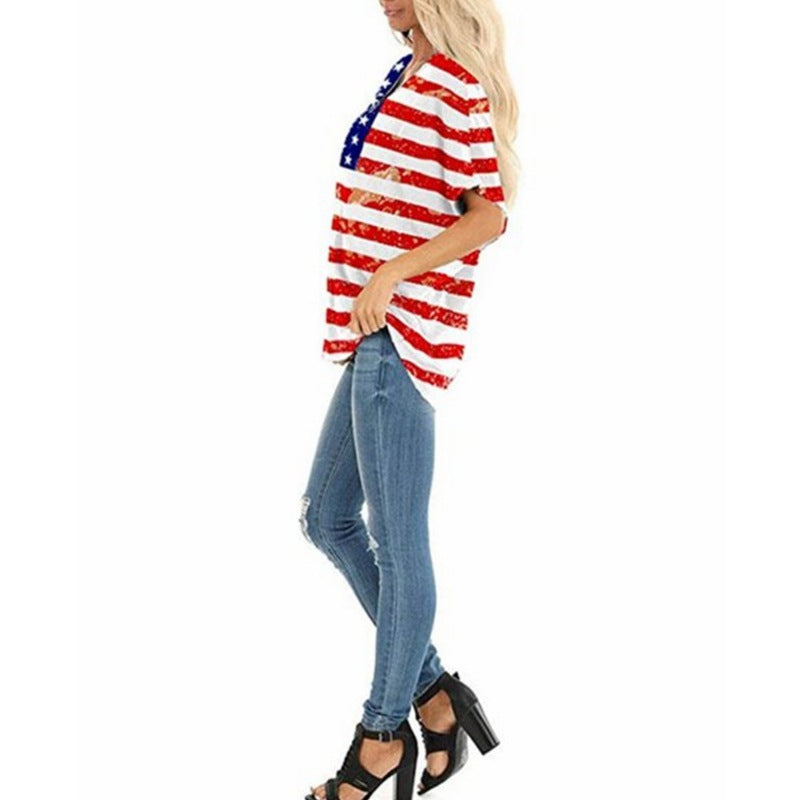 Flag star print loose short sleeve T-shirt