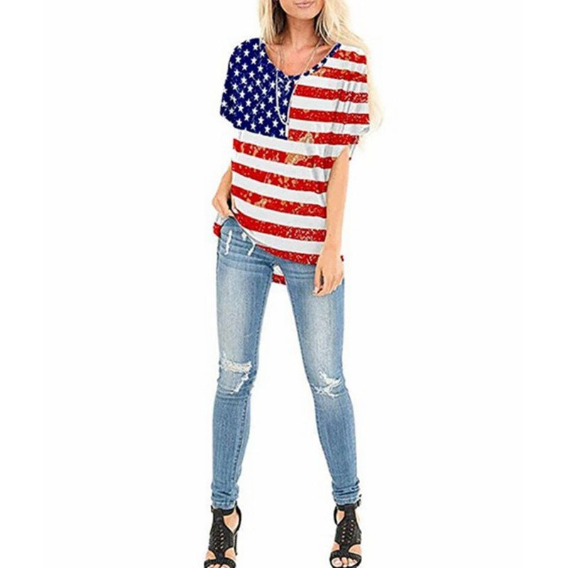 Flag star print loose short sleeve T-shirt