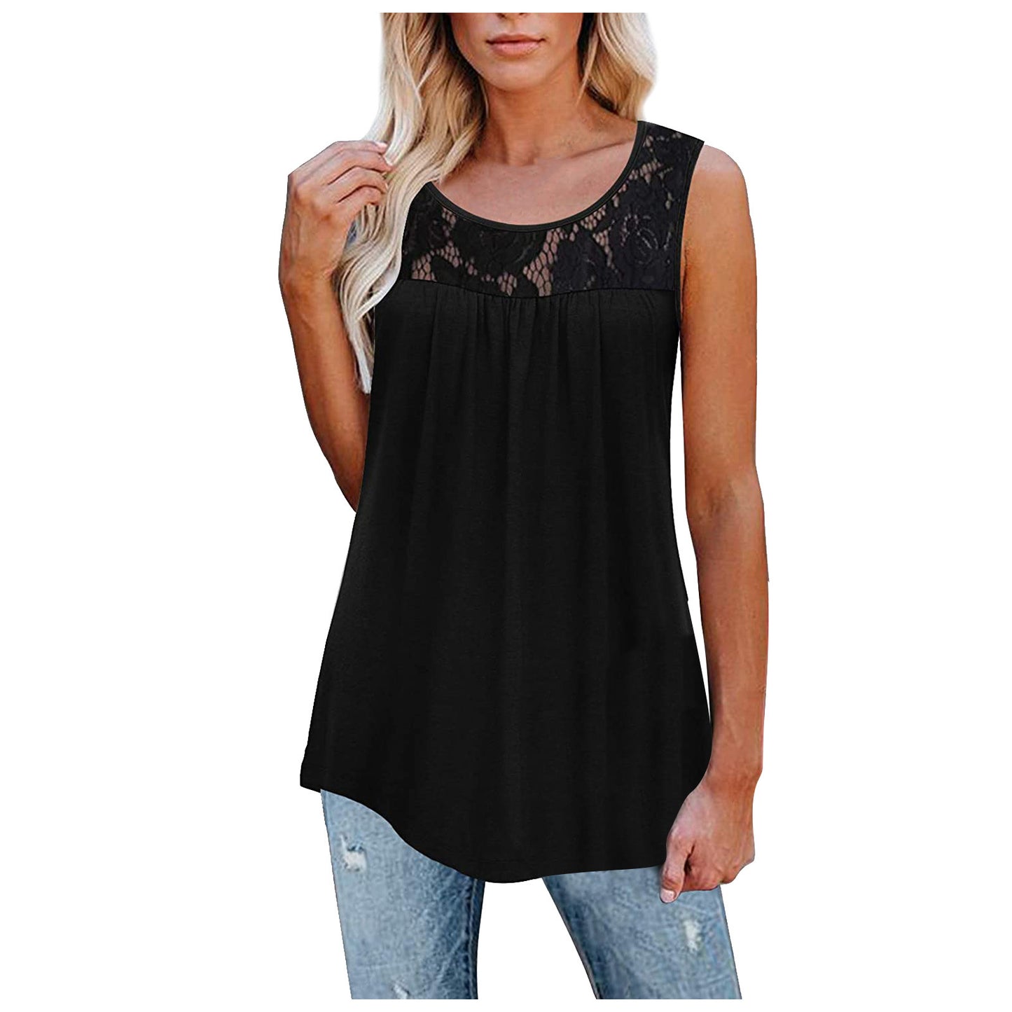 Lace Tops Summer Women Loose O-Neck Tank Tops