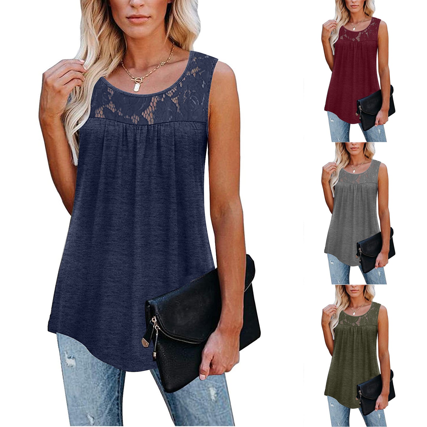 Lace Tops Summer Women Loose O-Neck Tank Tops