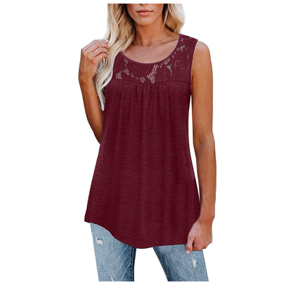 Lace Tops Summer Women Loose O-Neck Tank Tops