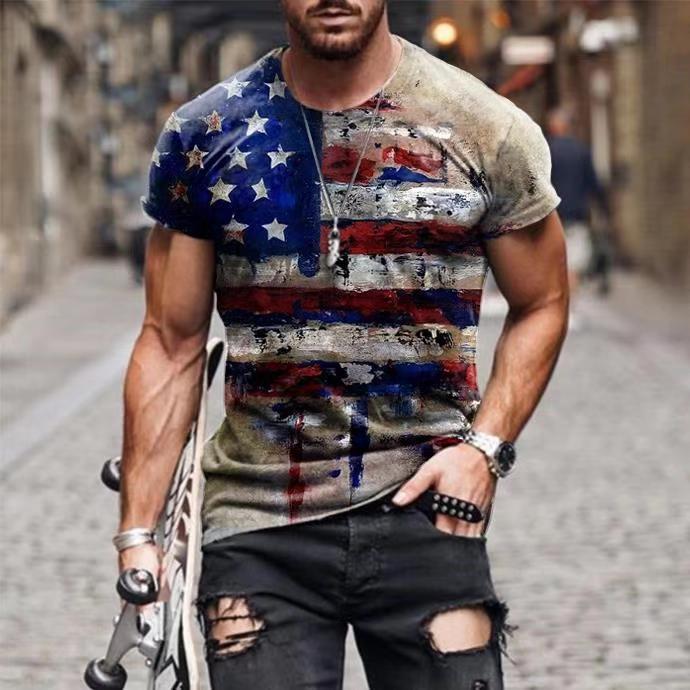 Mens Vintage USA Flag Print O-Neck T Shirt