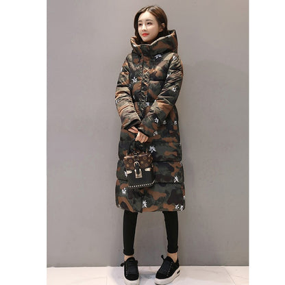 Women's long quilted jacket over the knee in winter