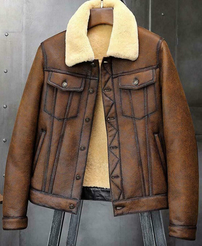 Spot Brown Thicken Unhooded Men's Leather Jacket